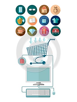 Flat design marketing illustration with computer join with shopping cart and set of icons