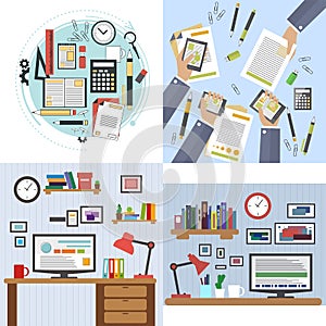 Flat design of modern office interior with designer desktop showing application interface icons and elements in minimalist style c