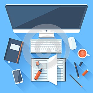 Flat office workspace, workplace