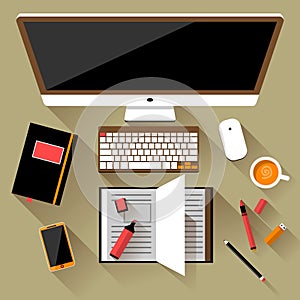 Flat office workspace, workplace