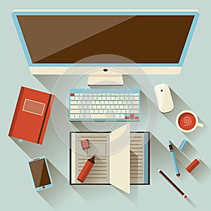 Flat office workspace, workplace