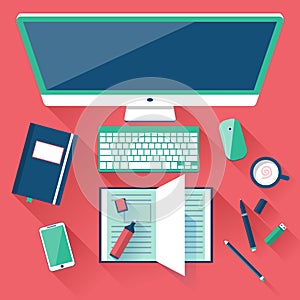 Flat office workspace, workplace