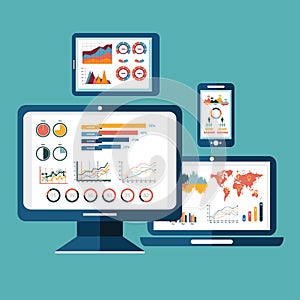 Flat design modern vector illustration concept of website analytics search information and computing data analysis using modern el