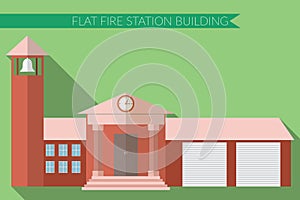 Flat design modern vector illustration of fire station building icon, with long shadow on color background