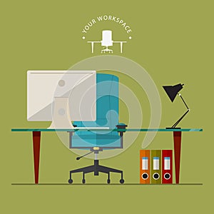 Flat design of modern workspace in minimal style with office equipment.