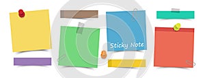 Flat design multicolor color sticky notes with pin , adhesive tape and paper clip on white board background . Vector