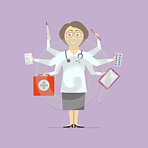 Flat design Multitasking woman doctor.