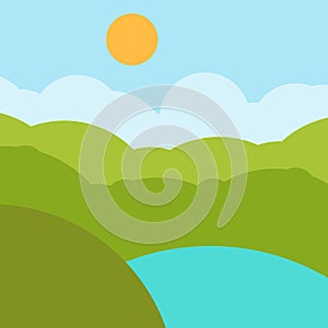 Flat design nature landscape illustration with lake, hills and clouds
