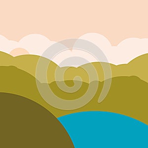 Flat design nature landscape illustration with lake, hills and clouds