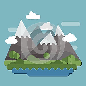 Flat design nature landscape illustration with sun, hills and clouds