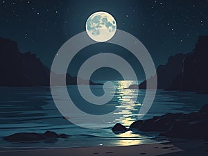 flat design Night ocean landscape full moon and stars shine - generated by ai