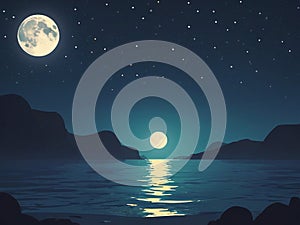 flat design Night ocean landscape full moon and stars shine - generated by ai