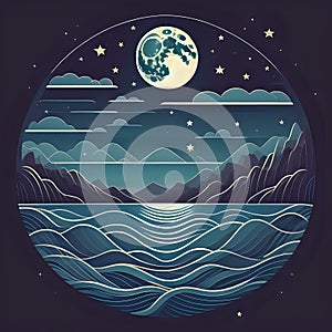 flat design Night ocean landscape full moon and stars shine - generated by ai