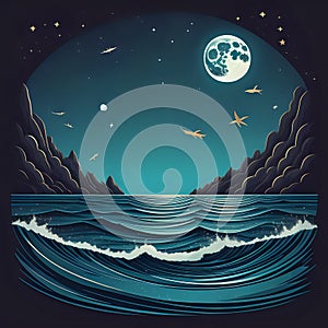 flat design Night ocean landscape full moon and stars shine - generated by ai