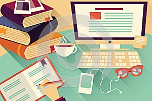 Flat design objects, work desk, office desk, books, computer
