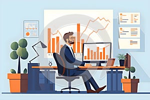 flat design of office man satisfy,with growth stockmarket by Generative AI