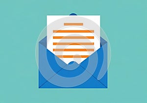 Flat design open blue envelope with document inside and teal background