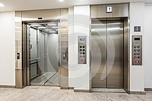Flat design of open and closed elevator doors with button panel