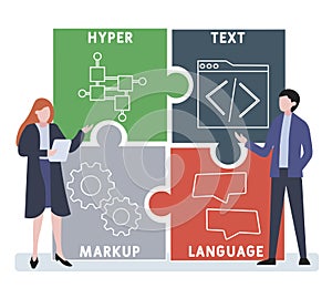 Flat design with people. HTML - hyper text markup language   acronym.