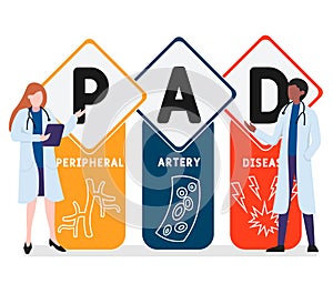 Flat design with people. PAD - Peripheral Artery Disease acronym, medical concept.