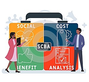Flat design with people. SCBA - Social Cost Benefit Analysis  acronym. business concept background.