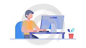 Flat Design Person Working at Desk on Computer, vector design Generative AI
