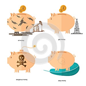 Flat design piggy bank icons concepts of finance and business on white,oil accounts, gas money, easy money, dangerous money