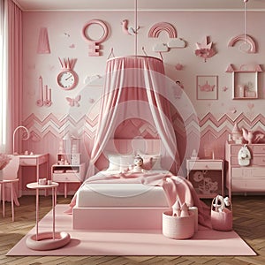 Flat design of pink bedroom decoration for little girl. AI Generated