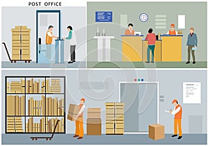 Flat design of post office service: office workers, postmen, people, interior, actions and activities