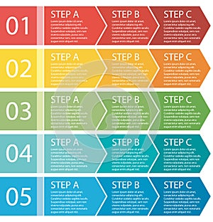 Flat design. Process arrows boxes. Step by step set.