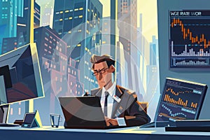 Flat design professional man trading in stock market background