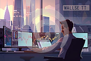 Flat design professional man trading in stock market background