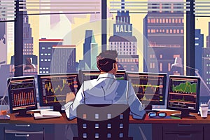 Flat design professional man trading in stock market background