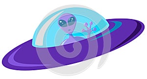Flat design purple alien spaceship with blue glass. Pink martian with huge eyes is sitting in a ship and waving a greeting. Vector