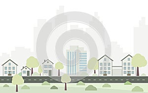 Flat design with residential buildigns and skyscrapers at background