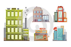 Flat design of retro and modern city houses. Old buildings, skyscrapers. colorful cottage building, cafe house.