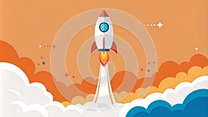 Flat Design Rocket Launch, Orange and Blue Hues, Startup Concept
