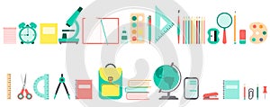 Flat design of school tools, supplies, stationery. Set of icons. Pen, globe, backpack, ruler, book, brush, pencil and etc