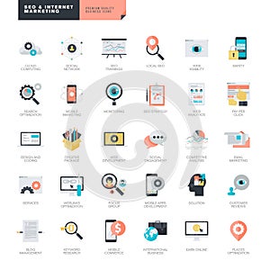 Flat design SEO and internet marketing icons for graphic and web designers