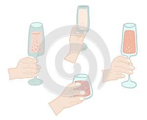 Flat design set with arms hands holding glasses with wine