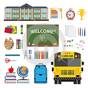 flat design with set of stationary elements, school