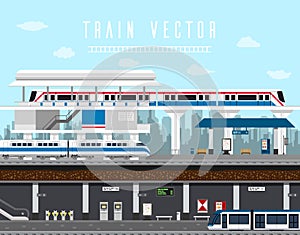 Flat design set of Train, Sky Train, Subway Vector.