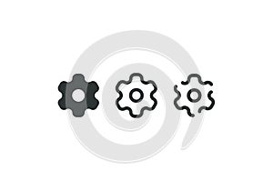 Flat design setting icon set, each icon is a single object. Setting cog icon black on white background.