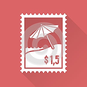 Flat design stamp with beach and umbrella