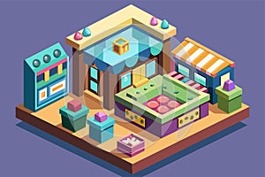 Flat design of a store filled with various furniture pieces, showcasing a modern and organized layout, Jewelry shop Customizable