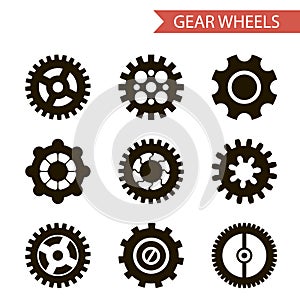 Flat Design Style Black Gear Wheels Icons Set