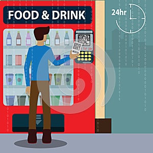 Flat design style concept,Young man using smartphone scan code for pay on automatic machine vending,vector illustration