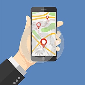 Flat design style human hand holding smartphone or tablet with map app on the screen , vector design element illustration