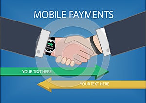 Flat design style illustration of modern smart watch with processing of mobile payments from one device to another