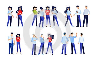 Flat design style illustrations of people in different poses, communicate and use a mobile phone